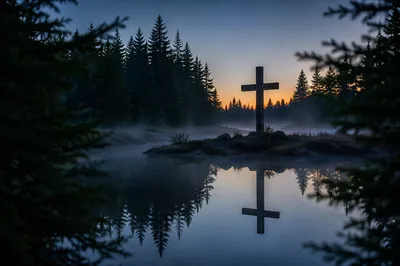 Wooden Cross Reflected in Evergreen Pond