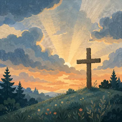 Wooden Cross Under Breakthrough Sunset Rays