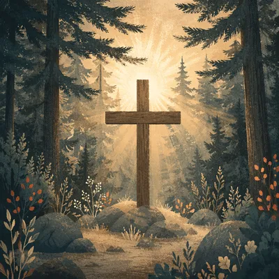 Wooden Cross in Evergreen Morning Rays