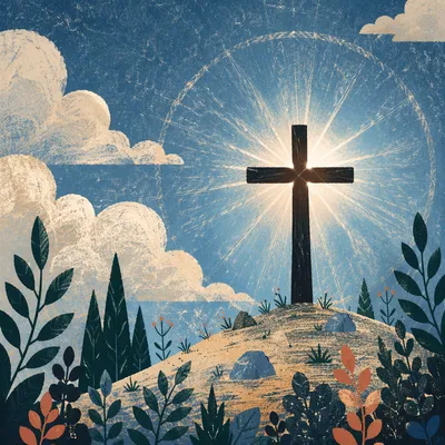 Wooden Cross with Radiant Sunburst Sky