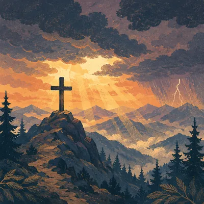 Wooden Cross Beneath Stormlit Mountain Rays