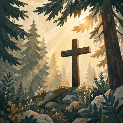 Wooden Cross in Evergreen Morning Light