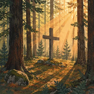 Wooden Cross in Evergreen Light Rays