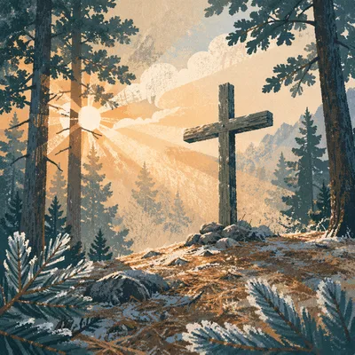 Wooden Cross in Evergreen Morning Light