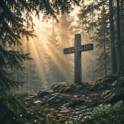 Weathered Cross in Evergreen Morning Light