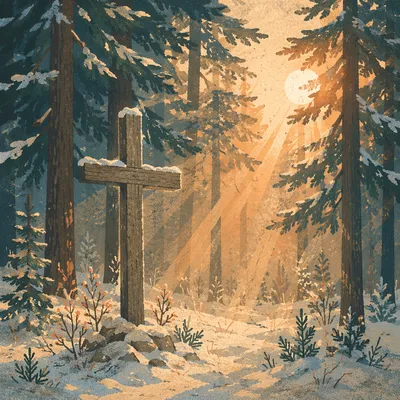 Wooden Cross in Evergreen Morning Light