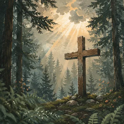 Evergreen Forest Cross With Dawn Light Rays