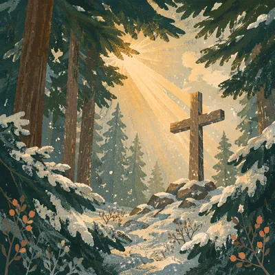 Wooden Cross Under Evergreen Light Rays