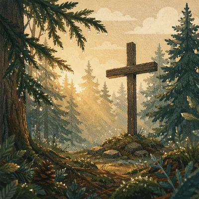 Wooden Cross in Evergreen Morning Light