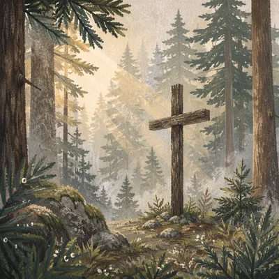 Evergreen Forest Cross with Morning Light Rays