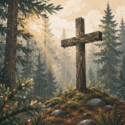 Wooden Cross in Misty Evergreen Light