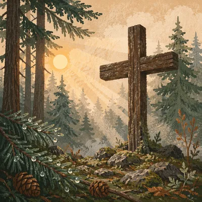 Weathered Cross in Evergreen Morning Rays