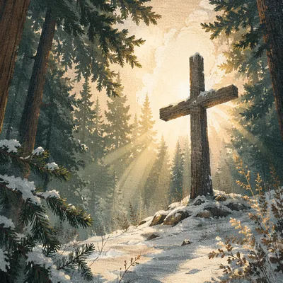 Wooden Cross in Snowy Evergreen Light
