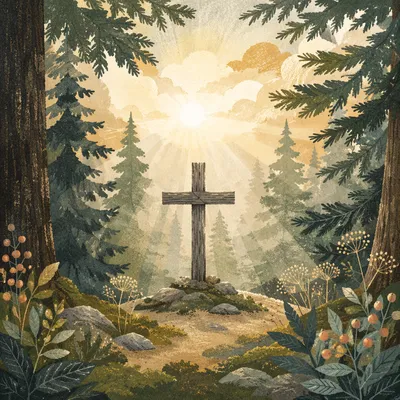 Wooden Cross in Evergreen Morning Light