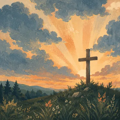 Wooden Cross Beneath Golden Sunset Rays