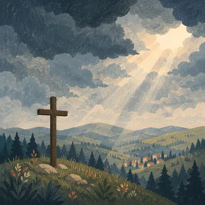 Wooden Cross Beneath Hopeful Storm Sunbeams