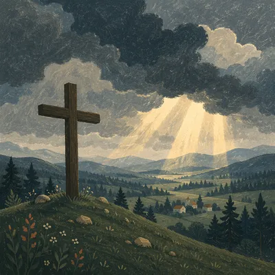 Wooden Cross Beneath Stormy Sun Rays
