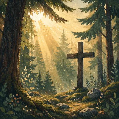 Wooden Cross in Evergreen Light Rays