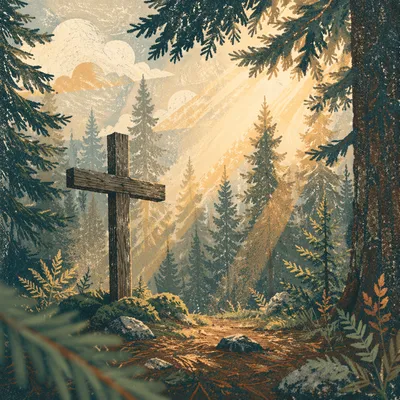 Wooden Cross in Evergreen Morning Light
