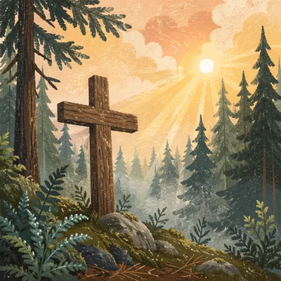 Wooden Cross with Dawn Light in Evergreens