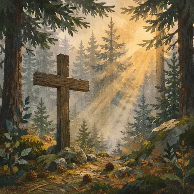 Wooden Cross in Evergreen Morning Light