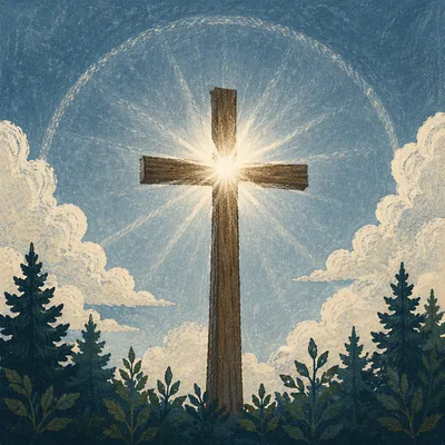 Wooden Cross with Radiant Sky Light