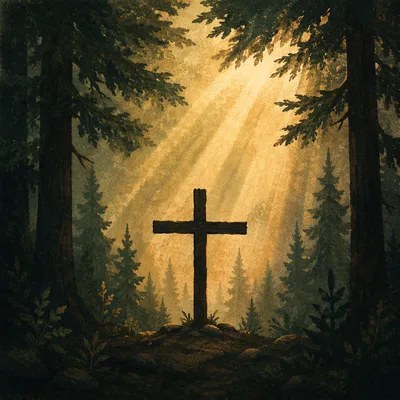 Wooden Cross in Evergreen Light Rays