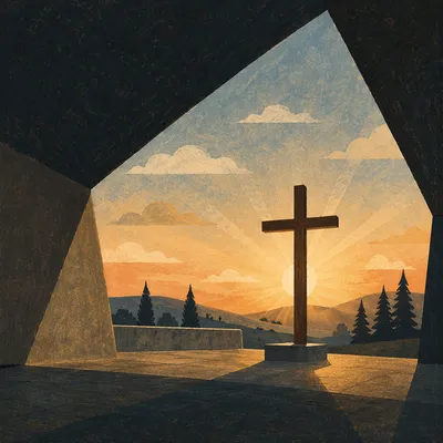 Wooden Cross with Sunset Light Rays
