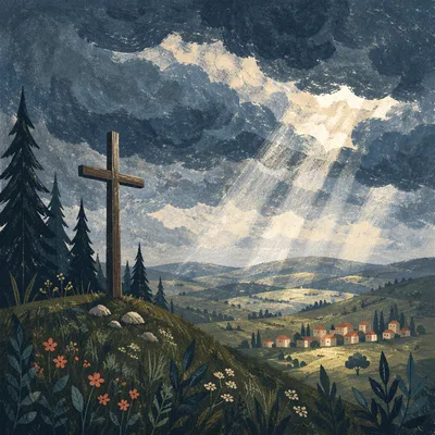 Wooden Cross Beneath Breaking Storm Light