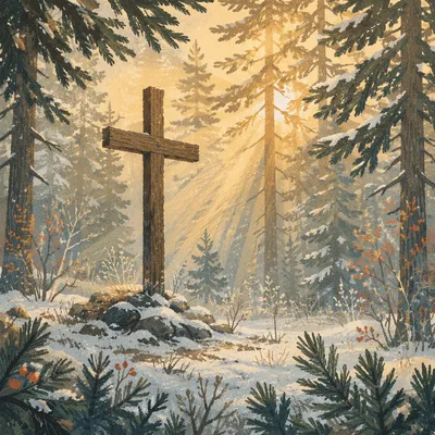 Wooden Cross in Evergreen Sun Rays