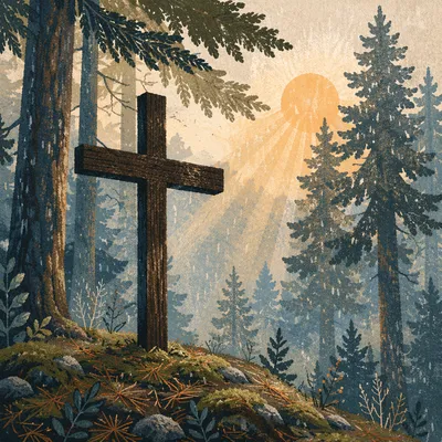 Wooden Cross in Evergreen Morning Rays