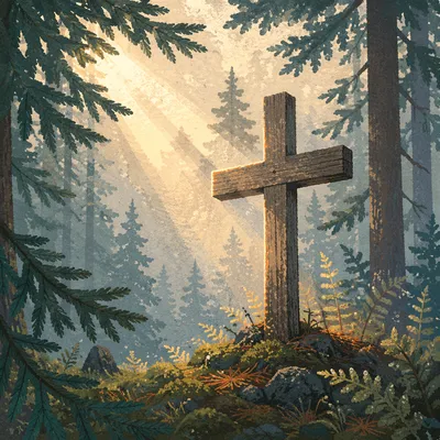 Wooden Cross in Misty Evergreen Light
