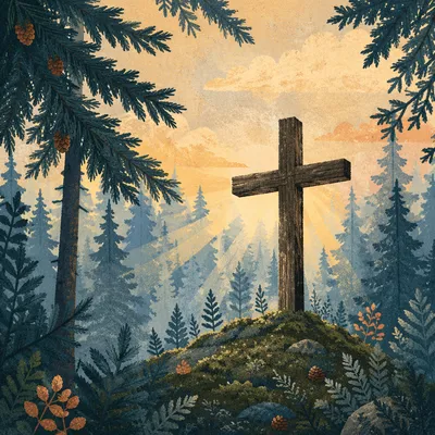 Wooden Cross in Dawn Evergreen Forest