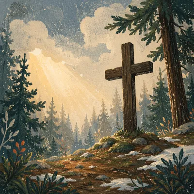 Wooden Cross in Evergreen Morning Light