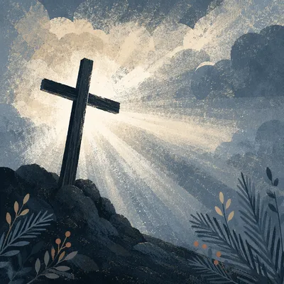 Wooden Cross Silhouette with Radiant Light Rays
