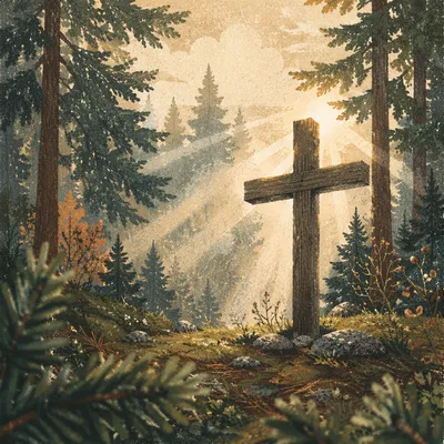 Wooden Cross in Evergreen Morning Light