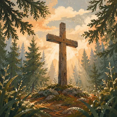 Wooden Cross in Evergreen Morning Light