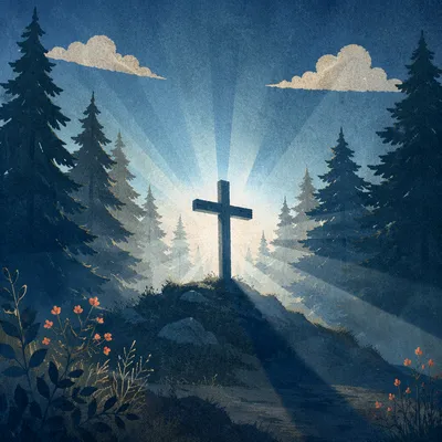 Evergreen Cross with Blue Sunrise Rays