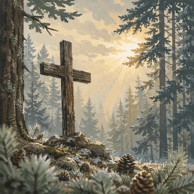 Wooden Cross in Evergreen Morning Light