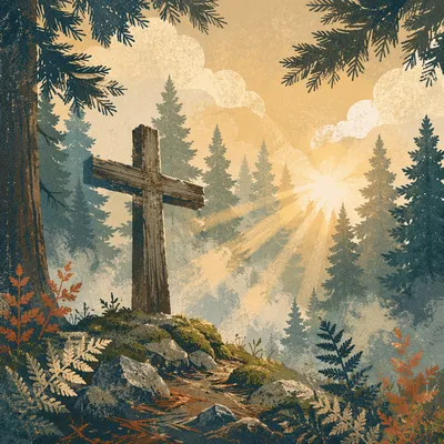 Wooden Cross in Evergreen Morning Light
