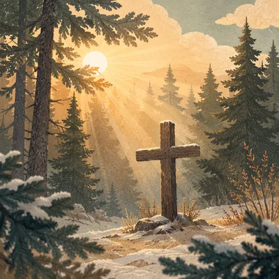 Wooden Cross in Snowy Evergreen Sunbeams