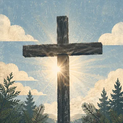 Wooden Cross with Sunlit Rays and Evergreens