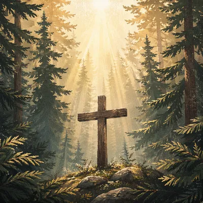 Wooden Cross in Evergreen Morning Light