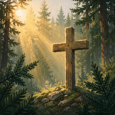 Wooden Cross in Evergreen Morning Rays