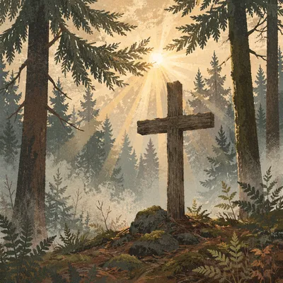 Wooden Cross in Evergreen Sun Rays