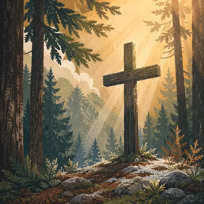 Wooden Cross in Evergreen Morning Light