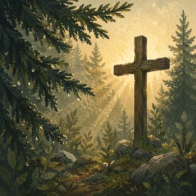 Wooden Cross in Evergreen Dawn Light