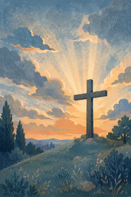 Weathered Cross with Sunset Light Rays