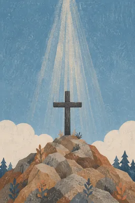 Weathered Cross Beneath Gentle Heavenly Light Rays