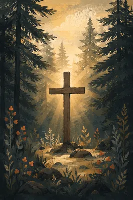 Wooden Cross in Evergreen Morning Light